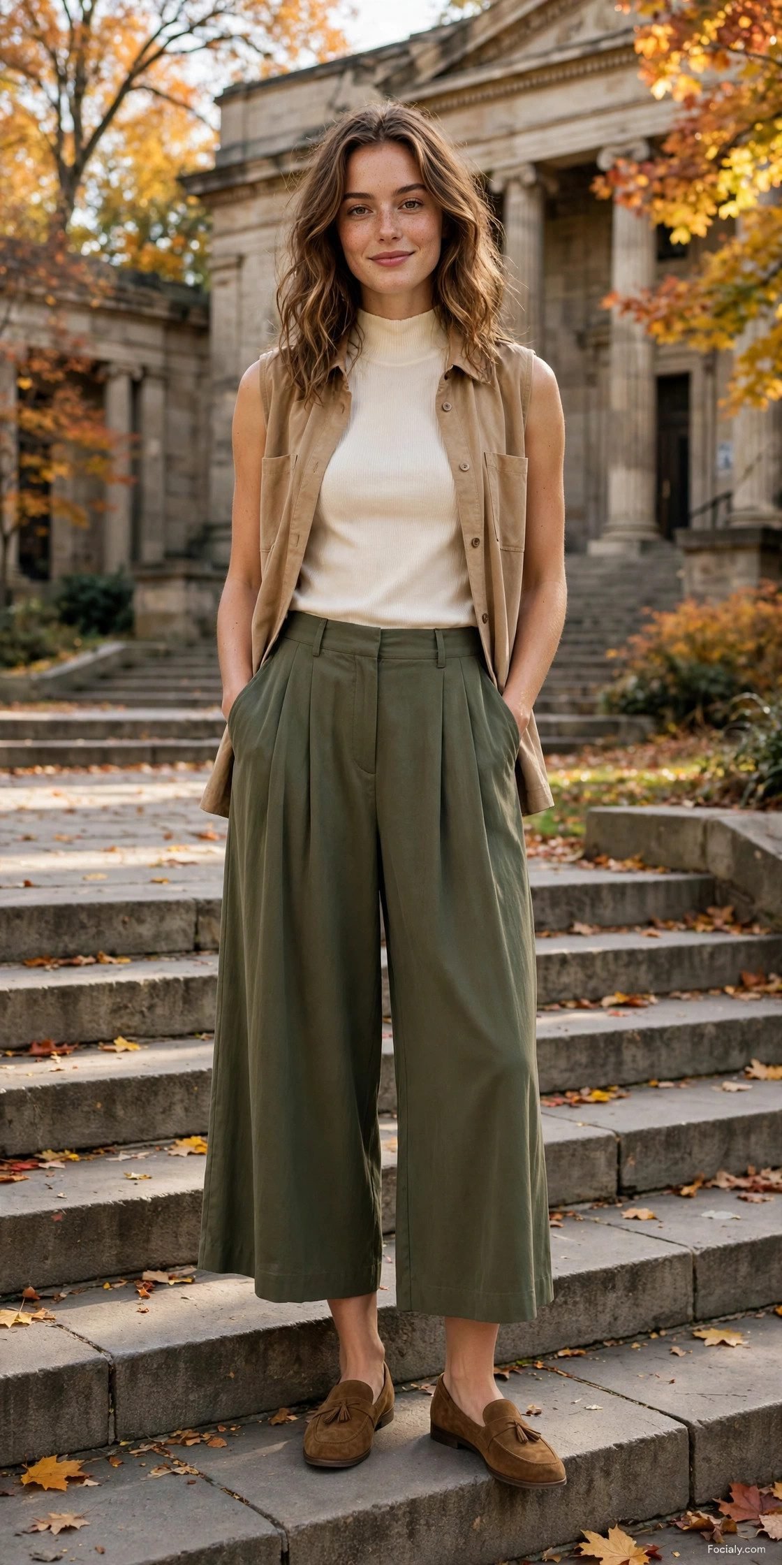 Woman in olive culottes with a cream mock-neck top and tan shacket
