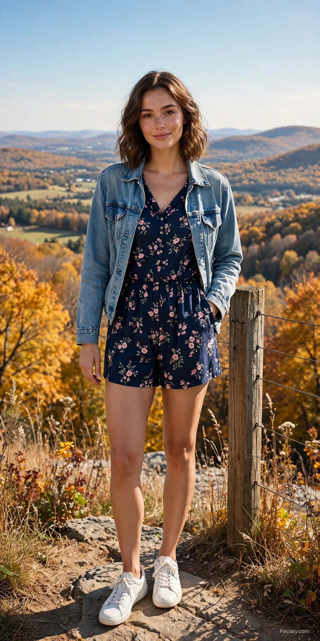 Woman in a navy floral romper with a denim jacket and white sneakers