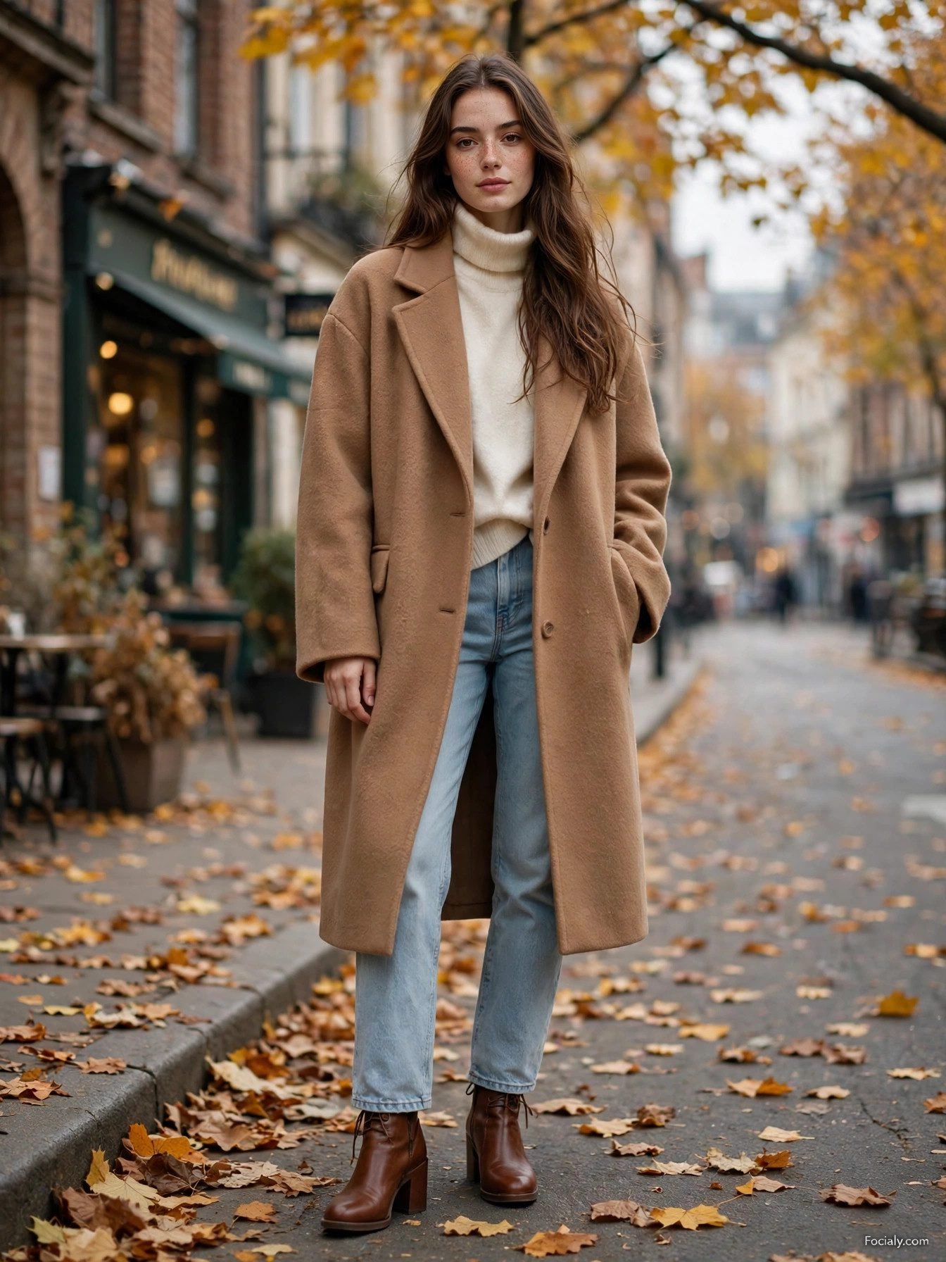 Woman wearing oversized camel coat with cream turtleneck and jeans