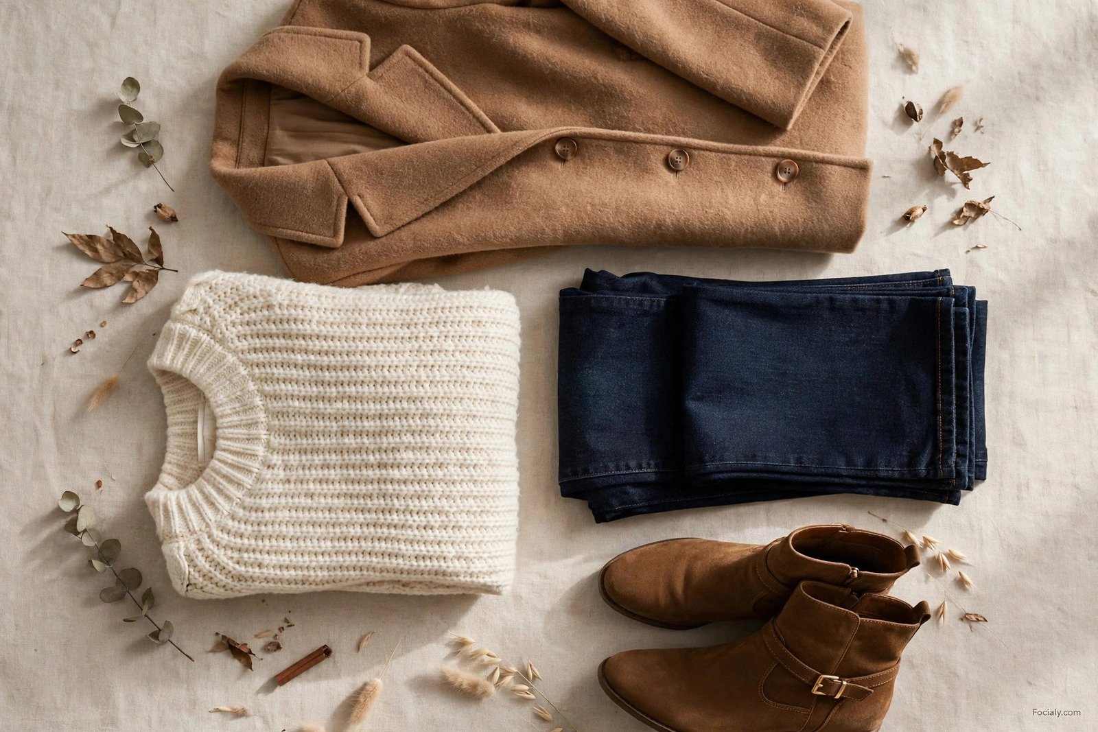 Woman in chunky cable knit sweater with plaid mini skirt and knee-high boots