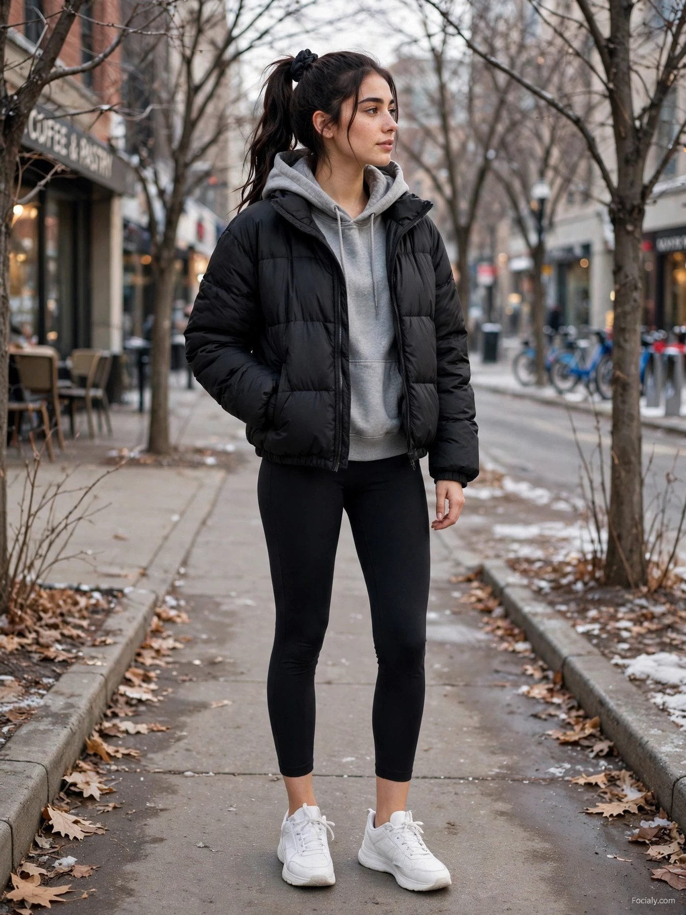 Woman in black puffer jacket with hoodie leggings and sneakers