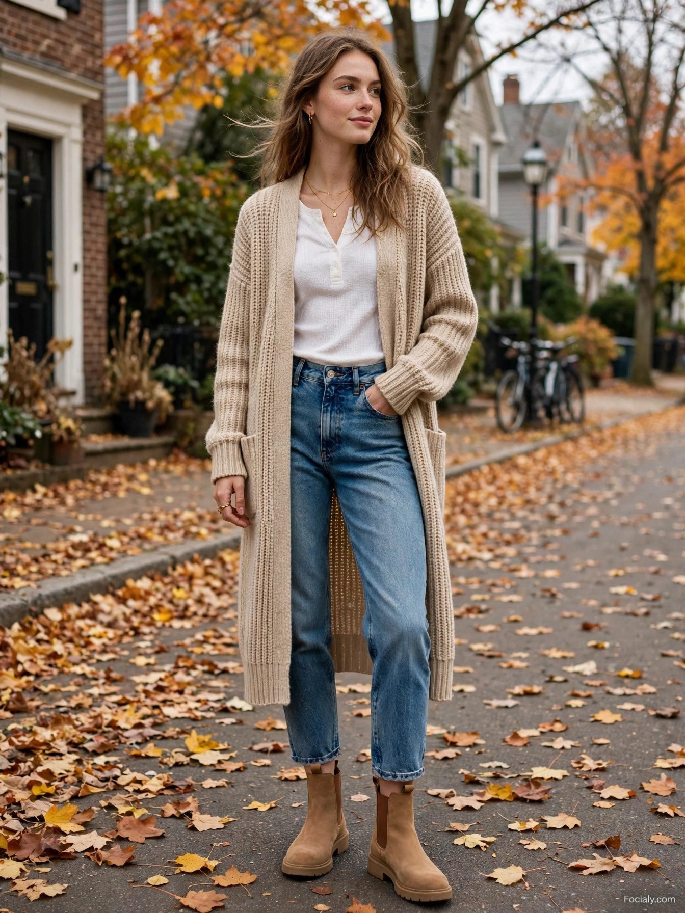 Woman in long beige cardigan with thermal top and mom jeans