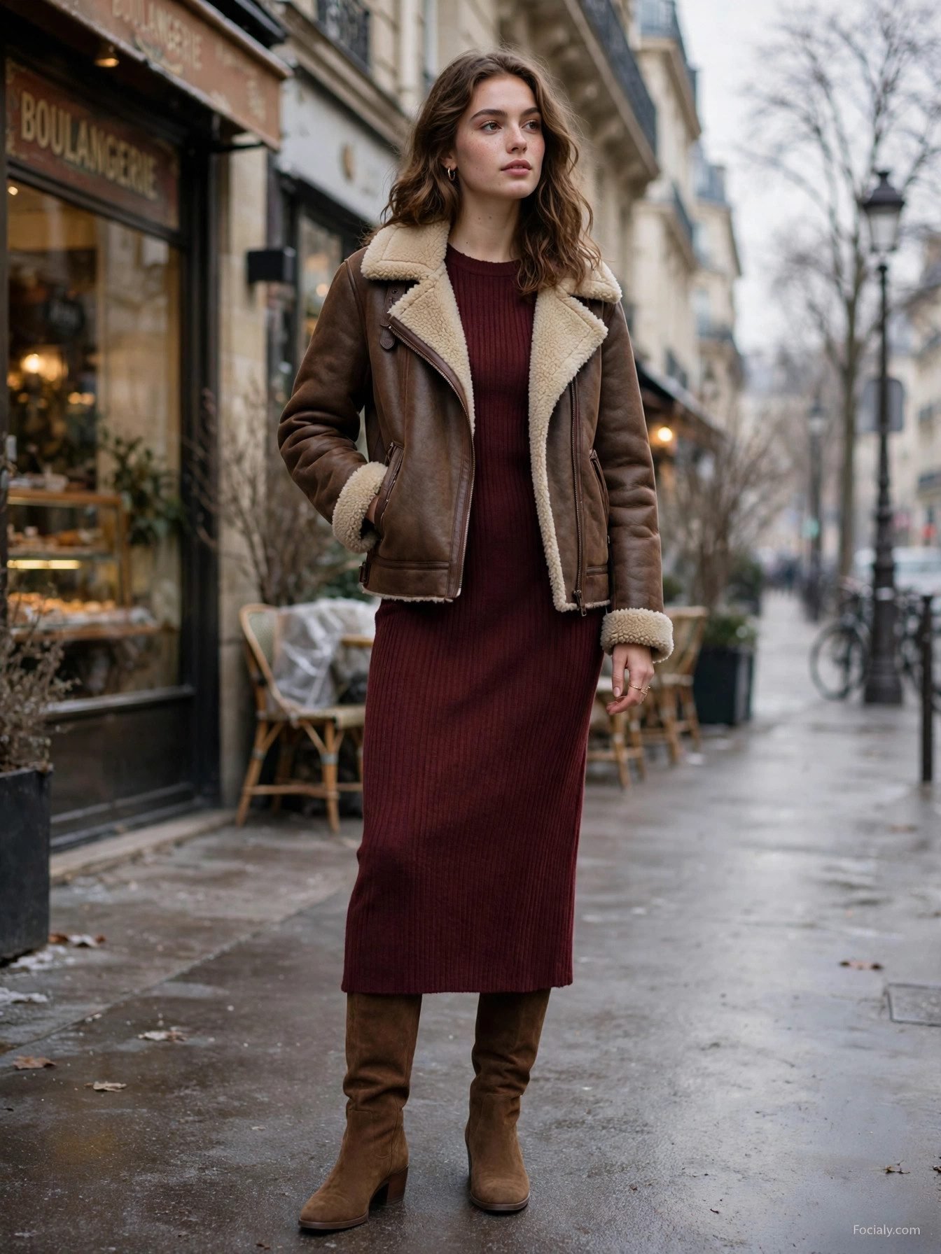 Woman in shearling aviator jacket with burgundy knit midi dress