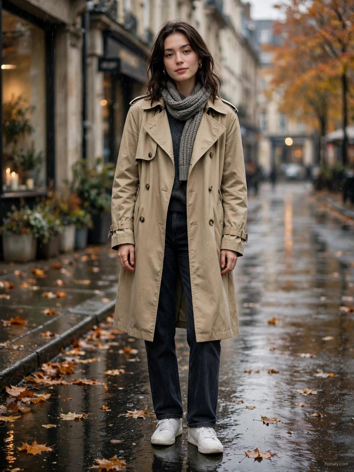 Woman in khaki trench coat with chunky grey scarf and jeans