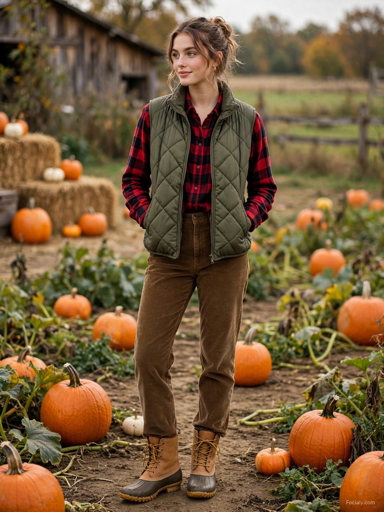 Woman in olive quilted vest with buffalo plaid flannel and corduroys