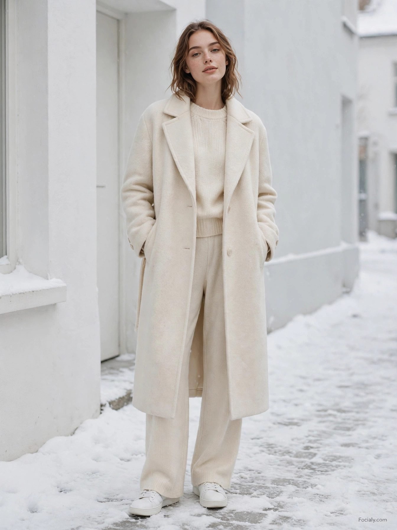 Woman in all-cream monochrome outfit with long wool coat