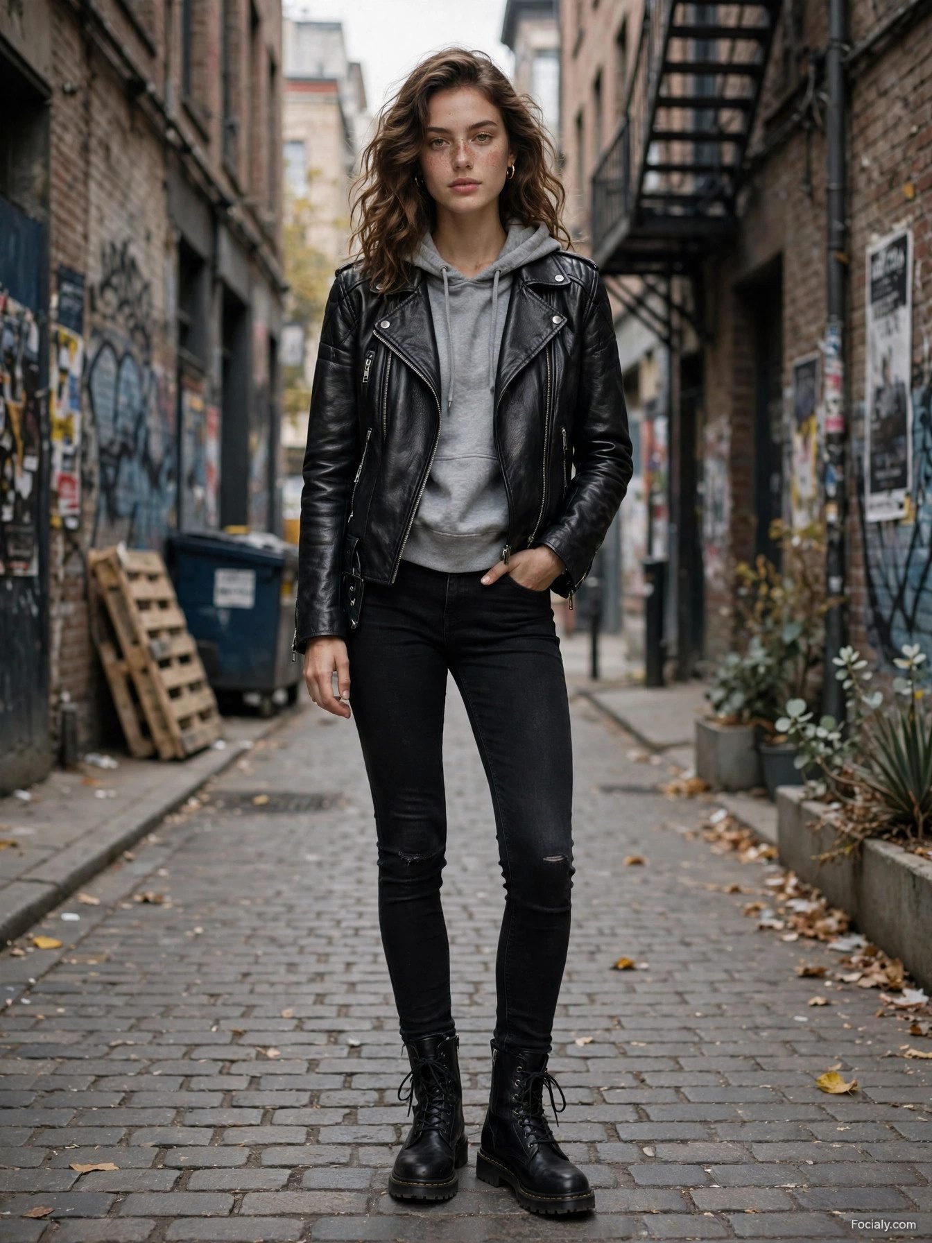 Woman in black leather moto jacket with grey hoodie and combat boots
