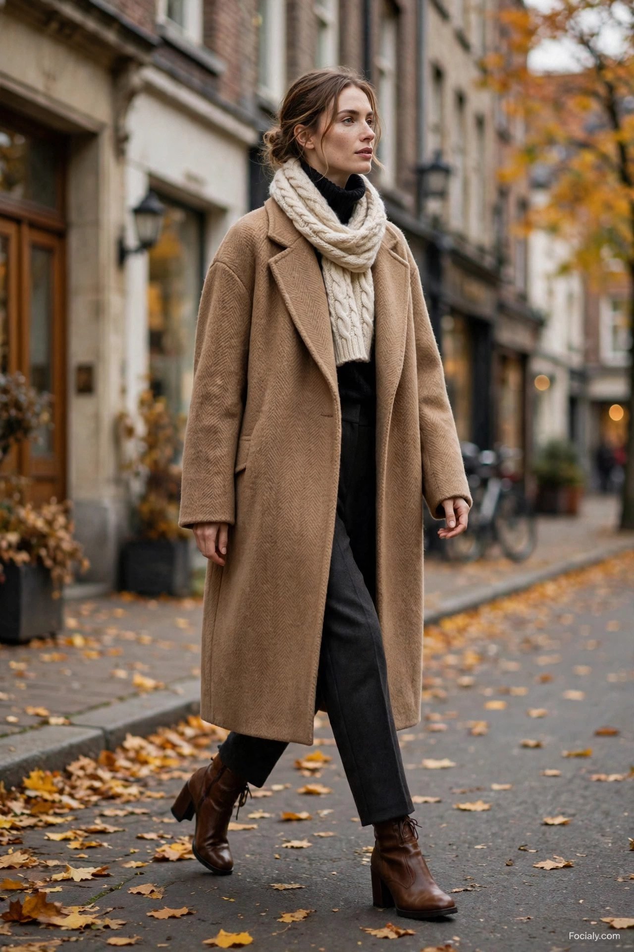 Woman in grey wool cape coat with black beret and plaid midi skirt