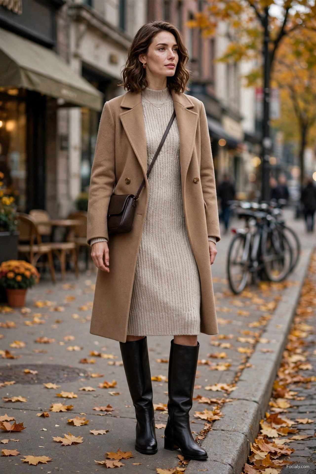 Woman in forest green cable knit turtleneck with camel midi skirt
