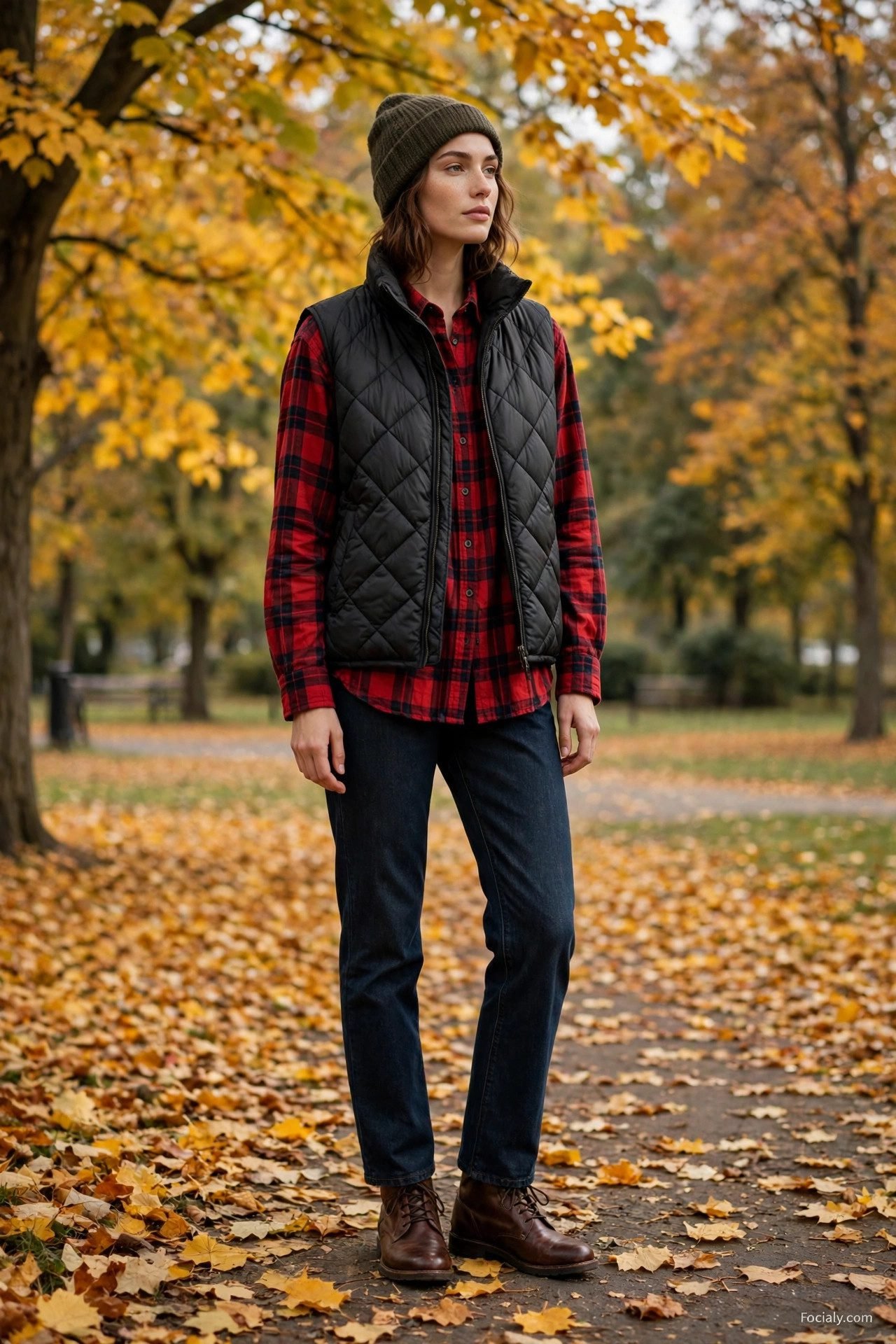 Woman in rust scarf coatigan with black leggings and knee-high boots