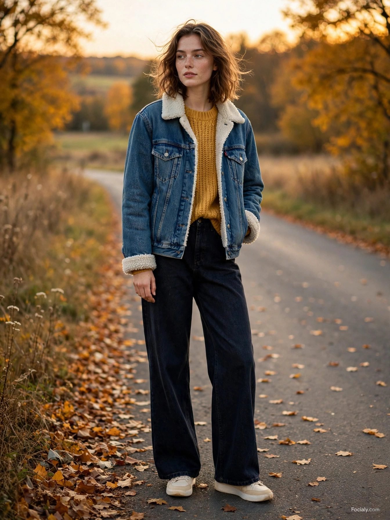 Woman in sherpa-lined denim jacket with mustard sweater and wide-leg jeans
