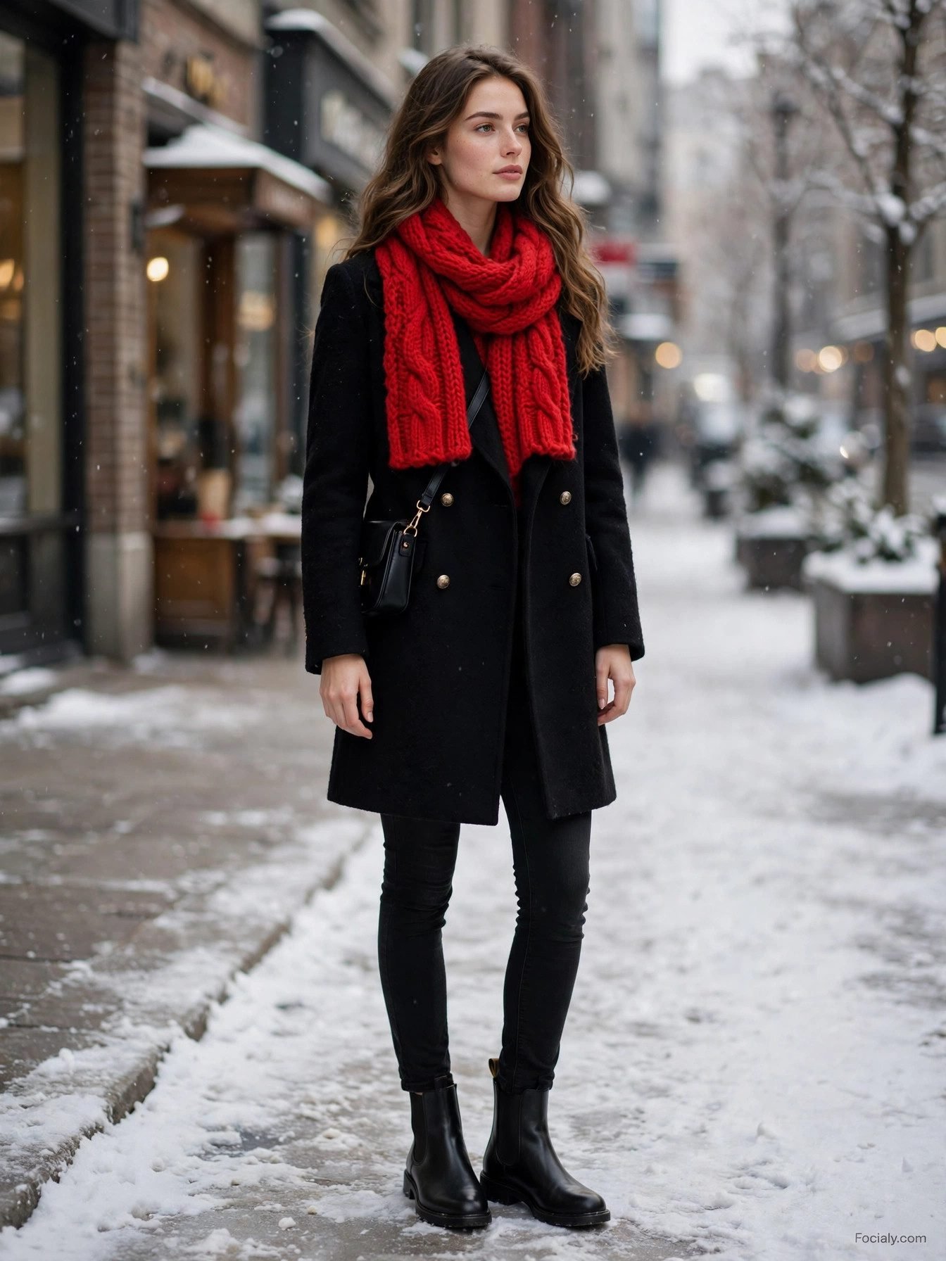 Woman in black wool coat with bright red chunky scarf