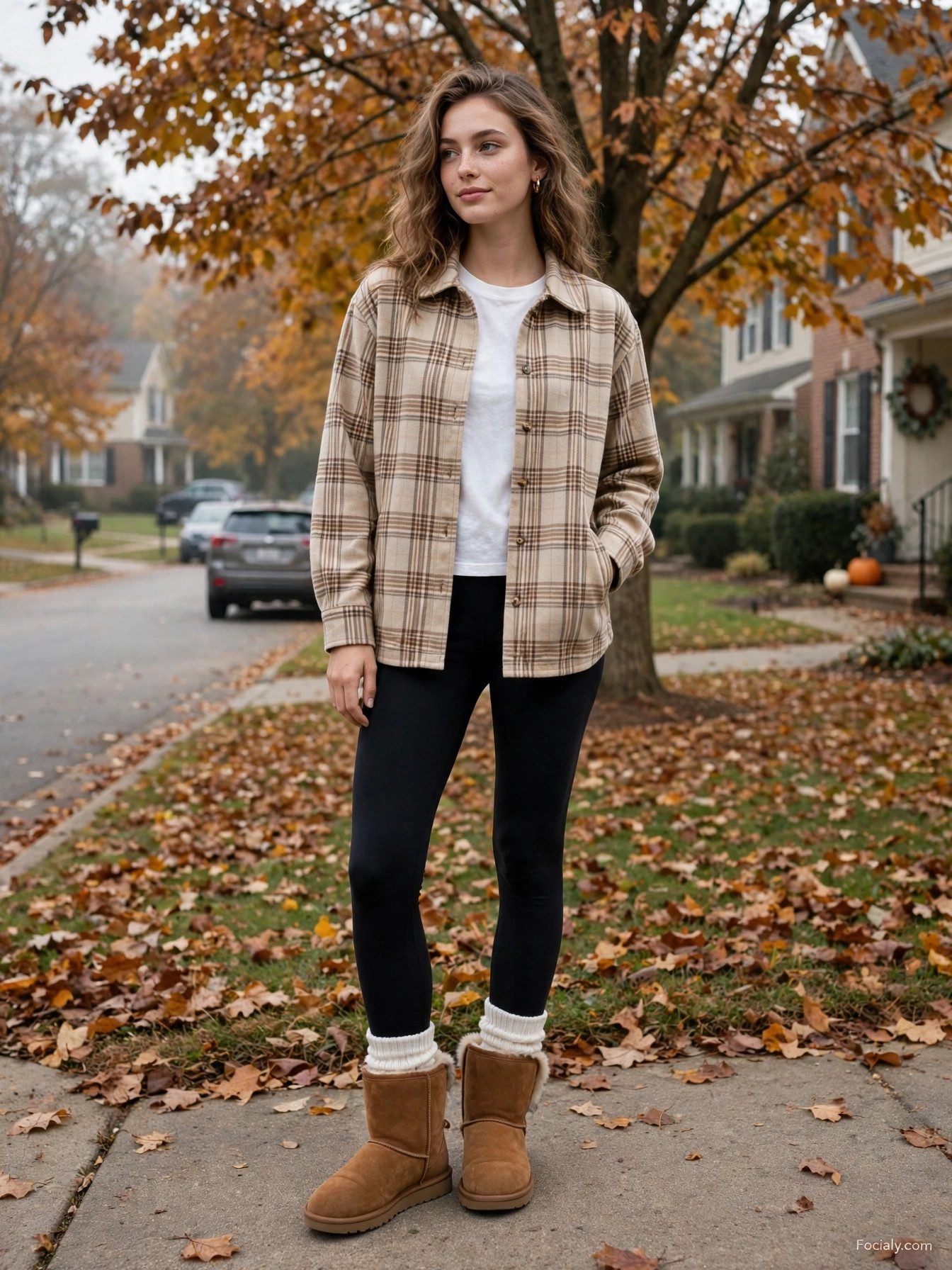 Woman in beige plaid shacket with leggings and Ugg-style boots