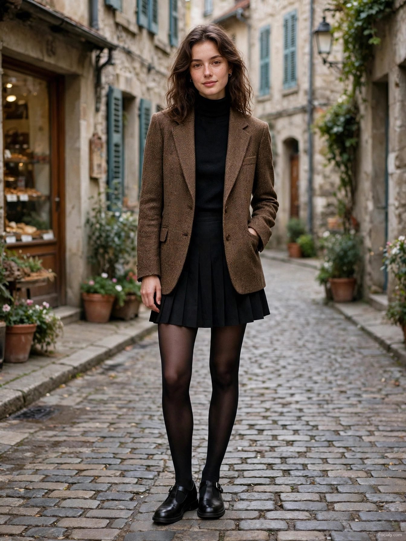 Woman in brown tweed blazer with black mini skirt and Mary Janes
