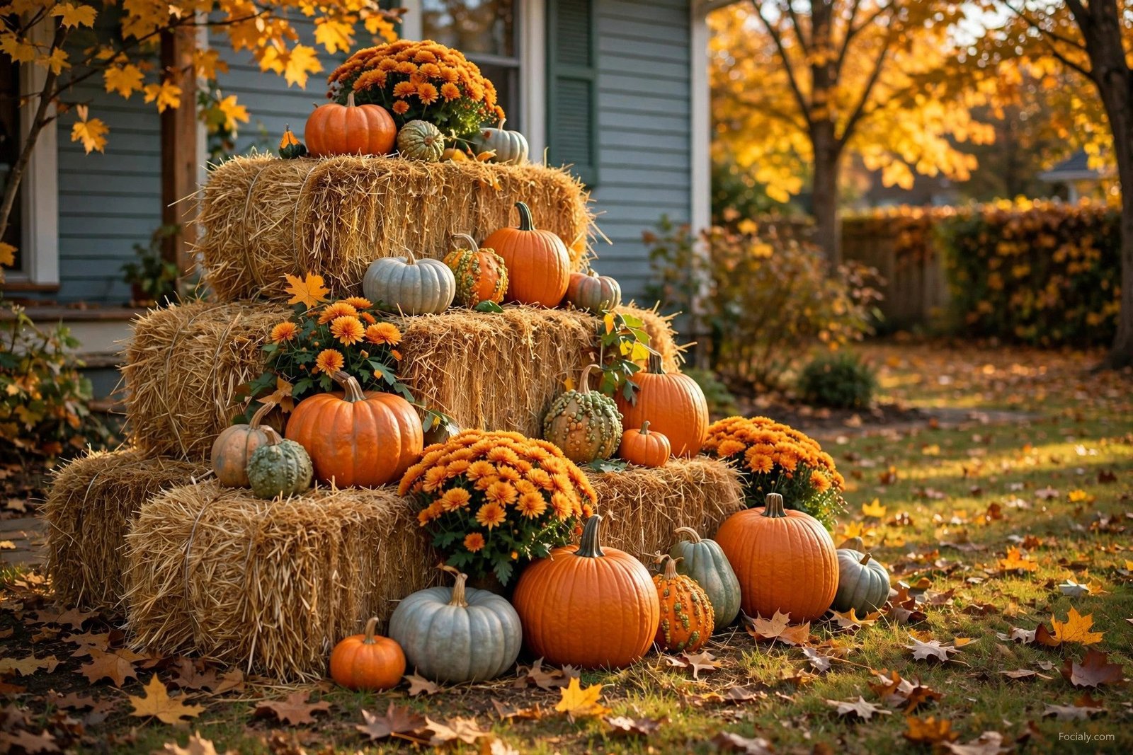 Stacked hay bales decorated with pumpkins and mums in a fall yard