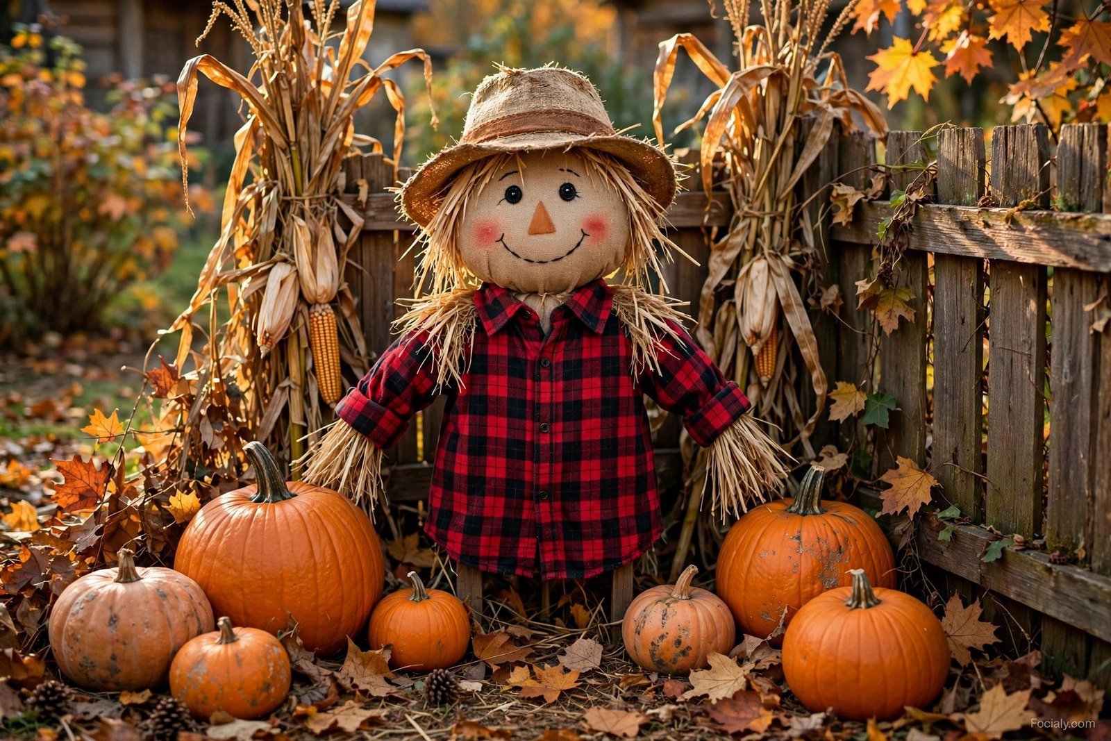Handmade scarecrow with pumpkins and corn stalks in a yard corner
