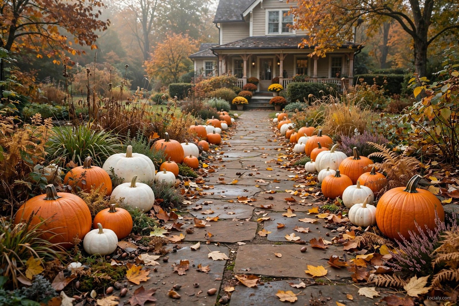 Garden walkway lined with pumpkins on both sides