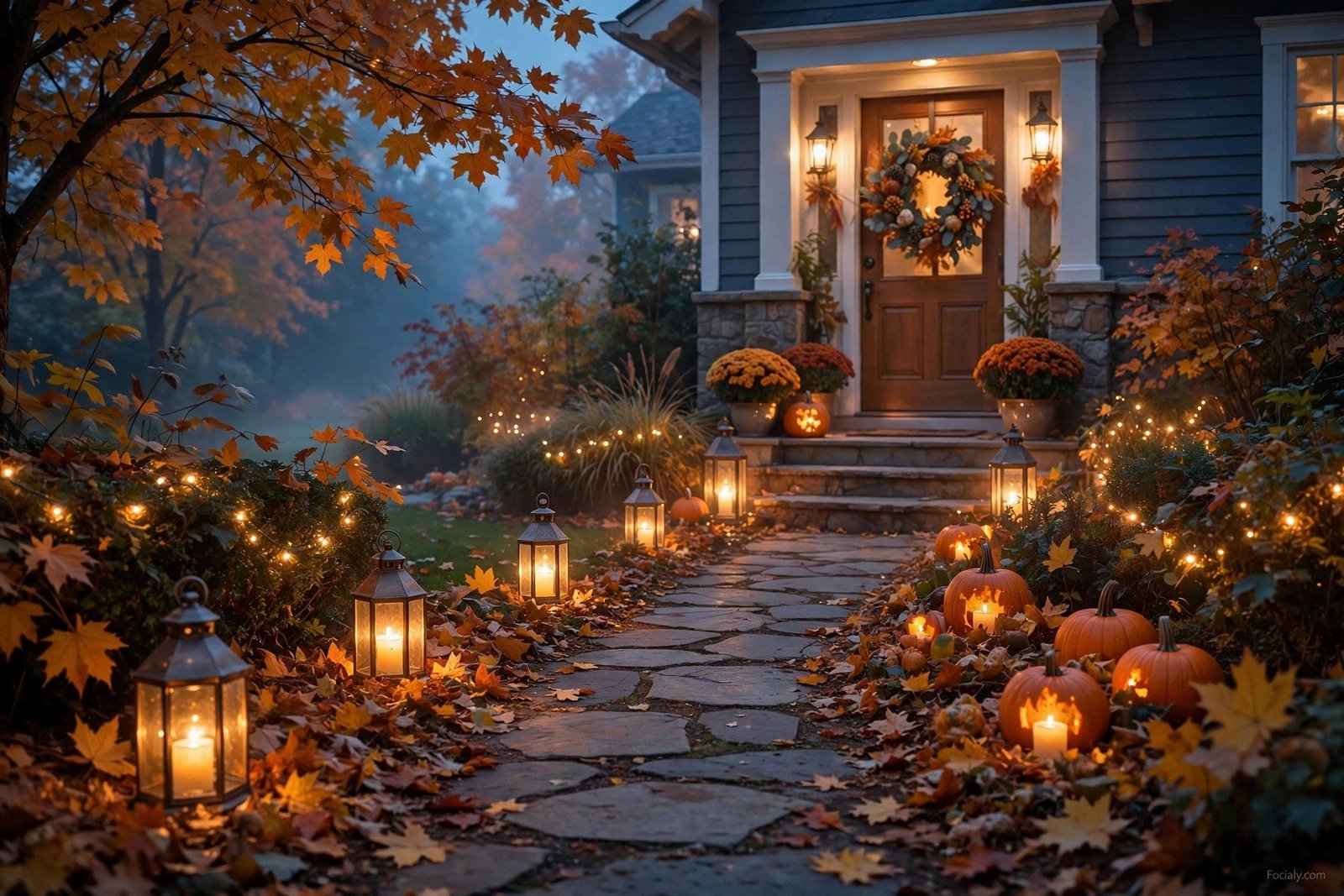 Yard pathway lit with glowing fall lanterns and pumpkins at dusk