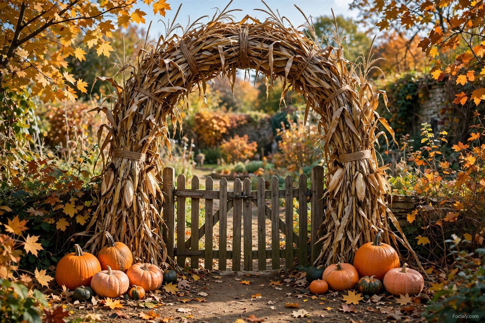 Corn stalk archway over a garden gate with pumpkins