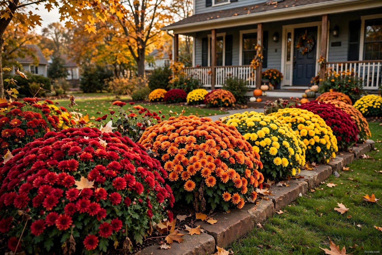 Flower beds full of colorful fall mums in a front yard