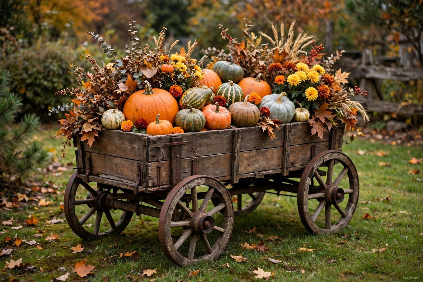 Wooden wagon filled with pumpkins and fall flowers on a lawn