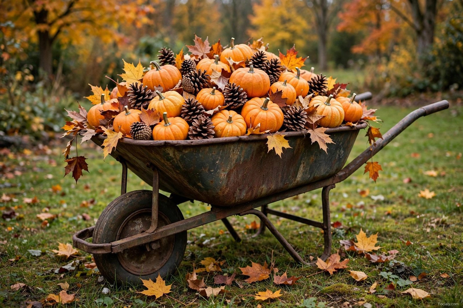 Wheelbarrow overflowing with mini pumpkins and autumn leaves