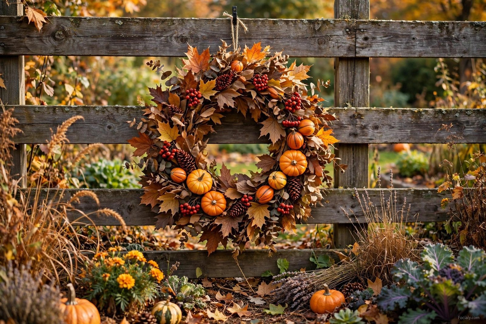 Autumn wreath with leaves and mini pumpkins hanging on a yard fence