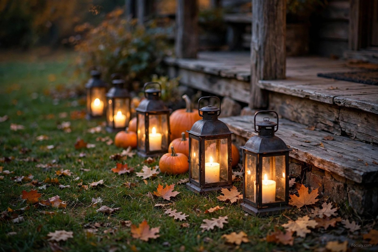 Rustic lanterns with candles along the lawn edge near porch steps