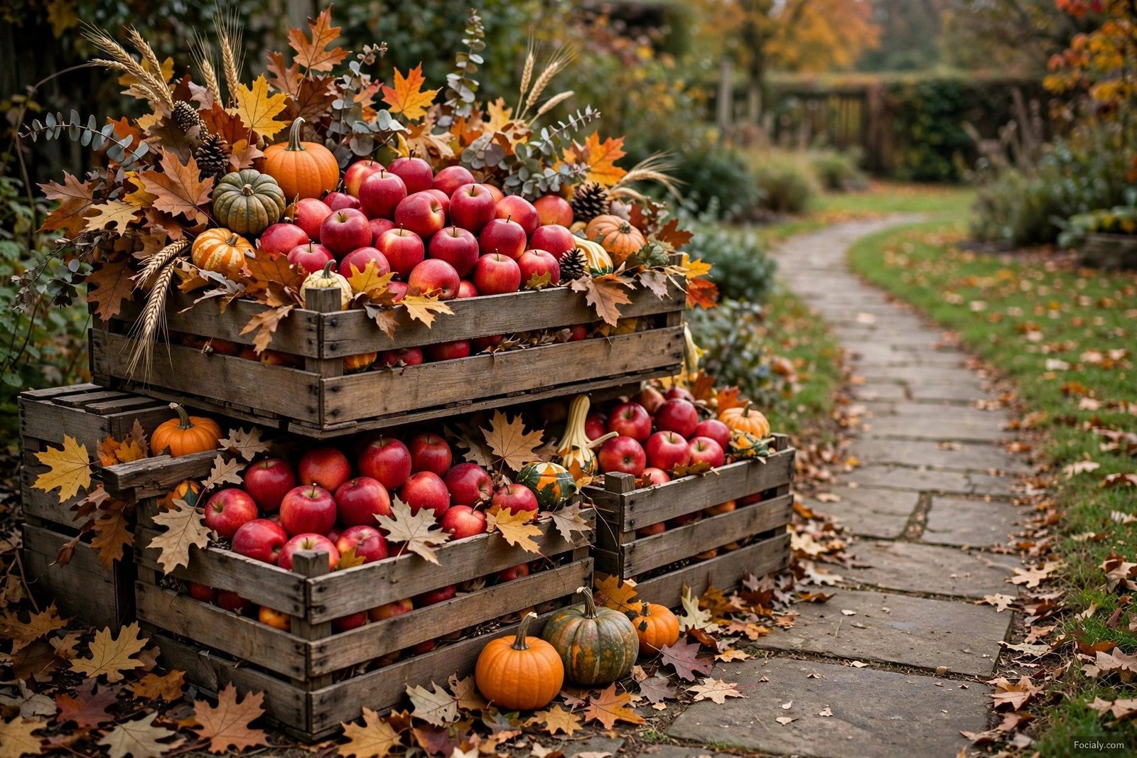 Stacked wooden apple crates filled with apples and pumpkins