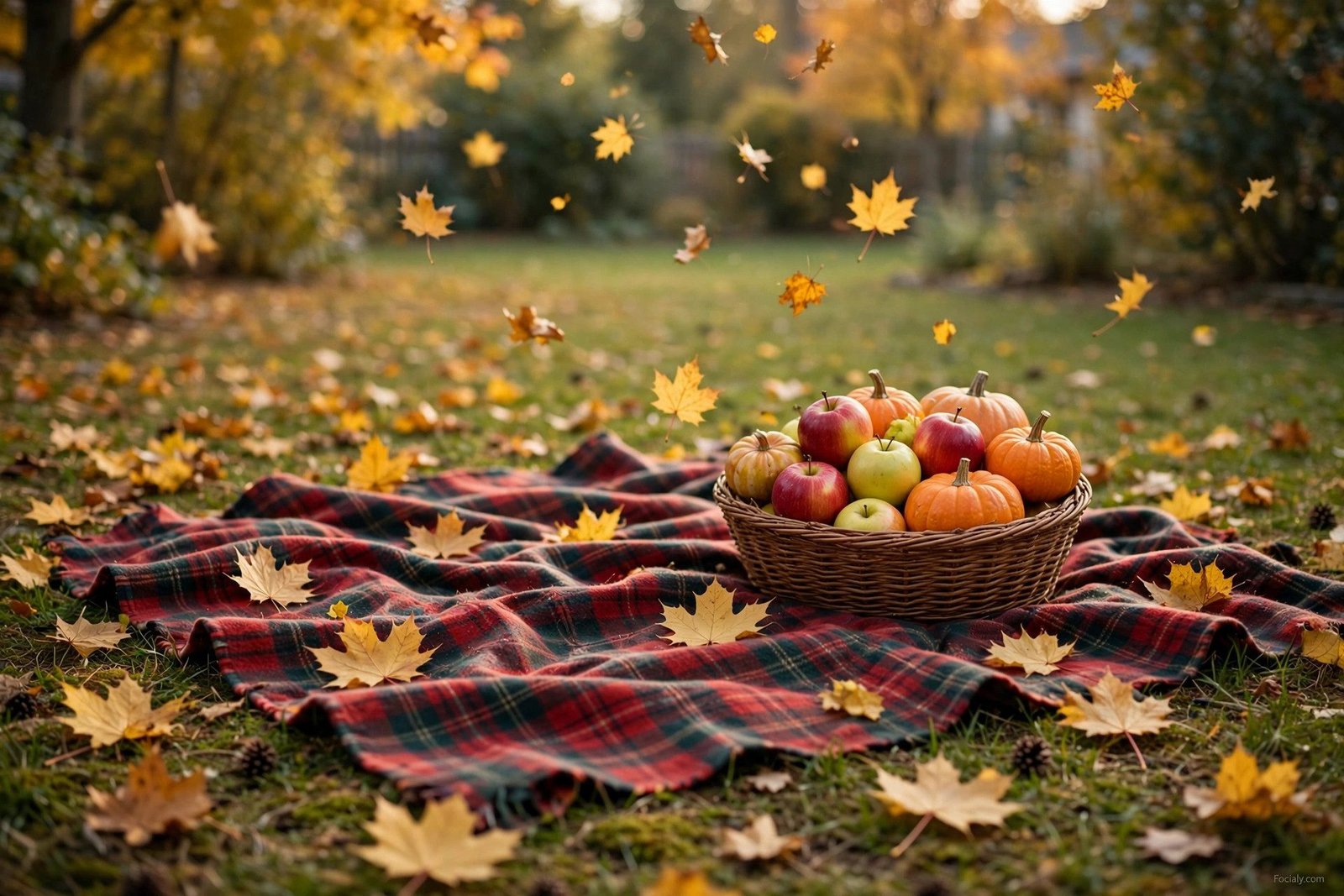 Plaid blanket picnic setup with apples and pumpkins on the grass