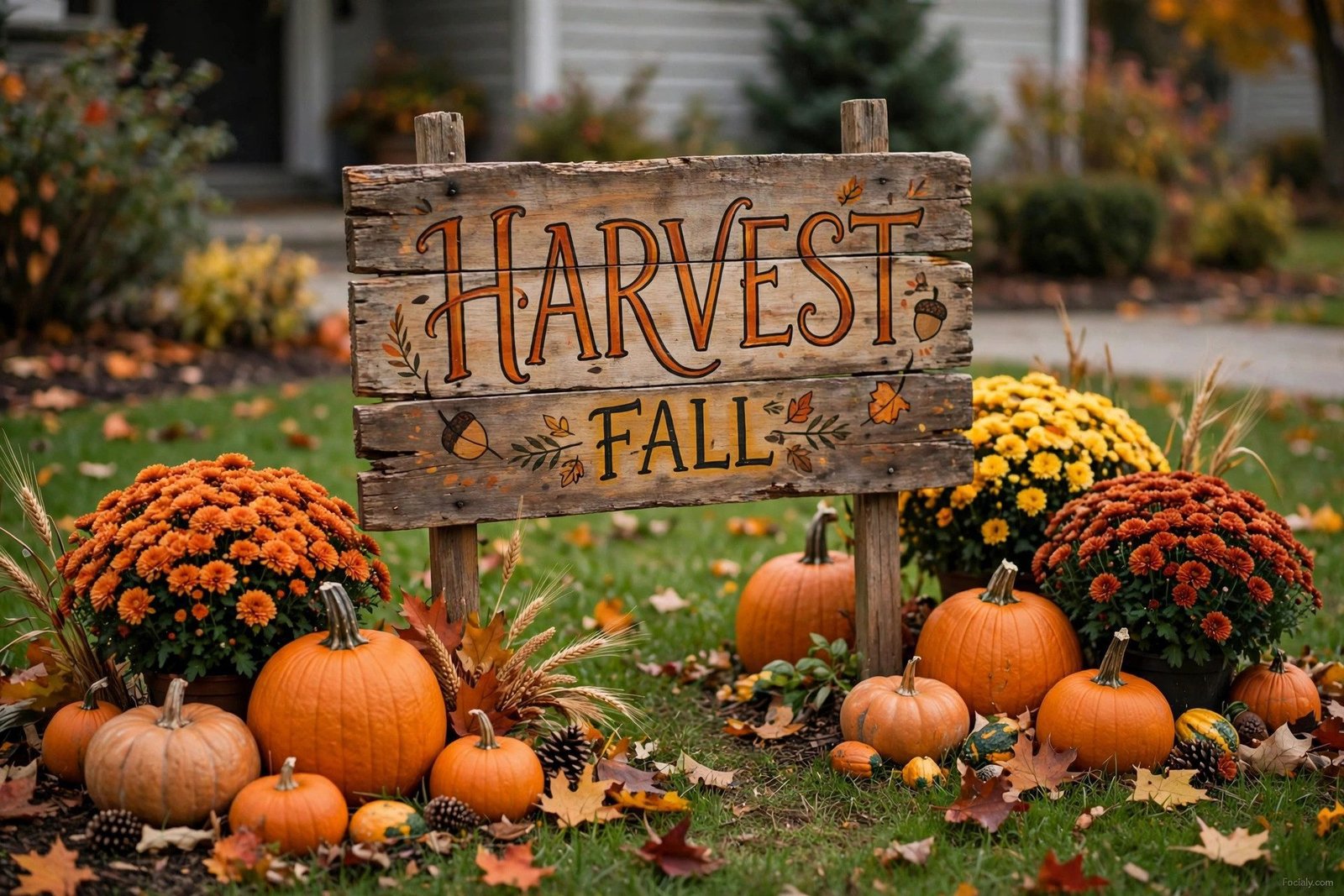 Wooden harvest sign staked in a yard surrounded by pumpkins and mums