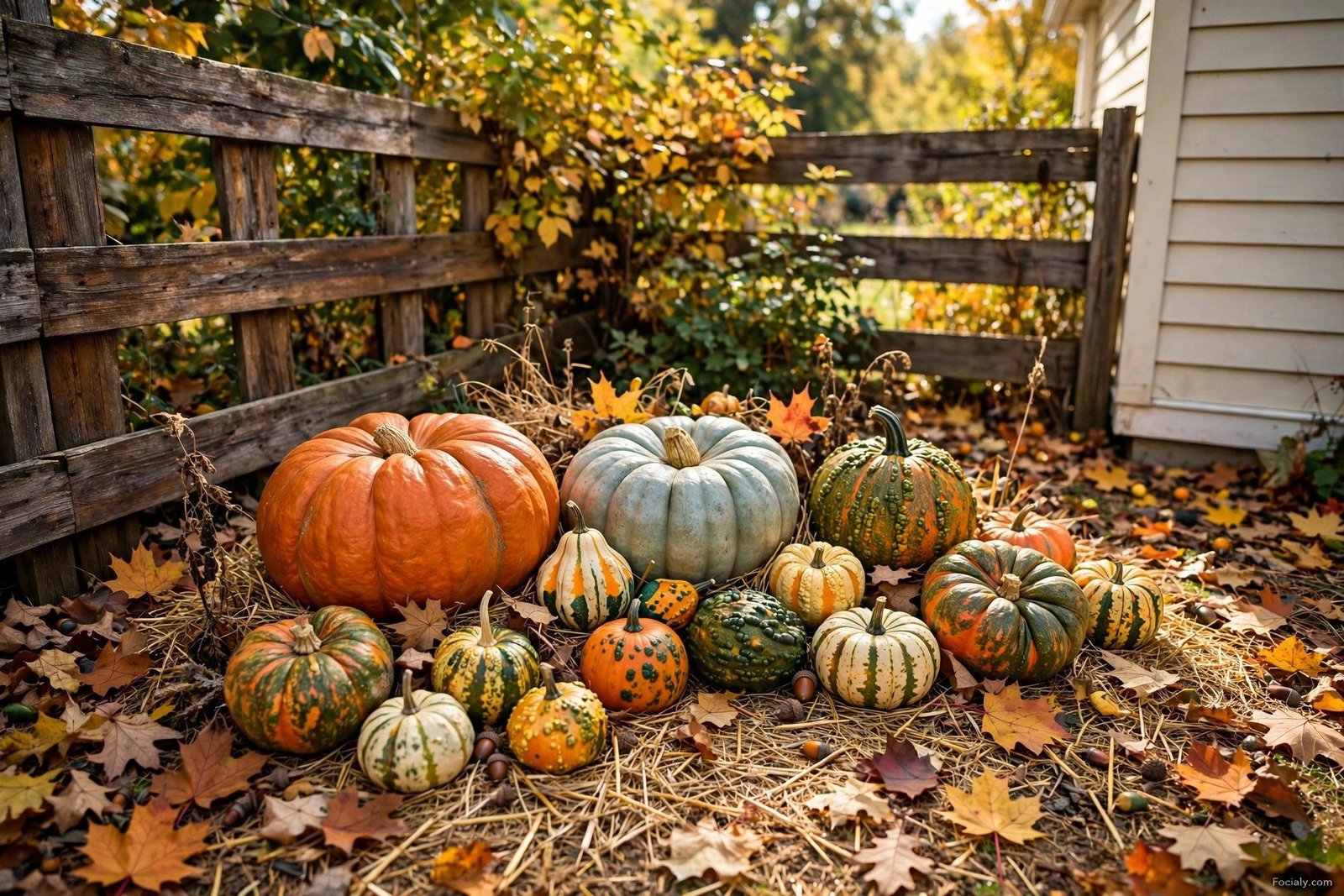 Mini pumpkin patch corner with heirloom pumpkins in straw