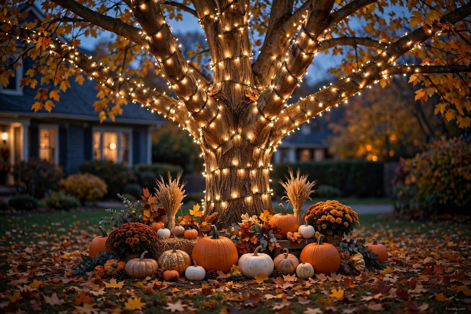 Tree wrapped in warm string lights glowing at dusk with fall decor