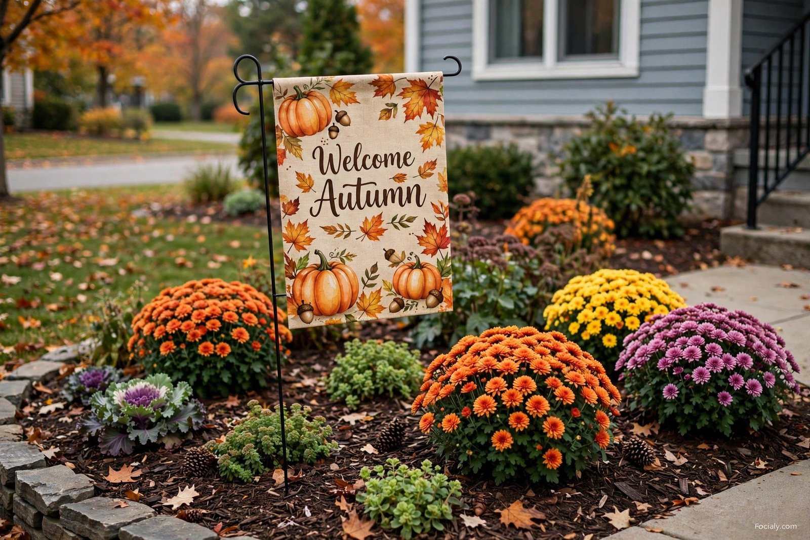 Fall garden flag with pumpkins staked in a landscaped yard bed
