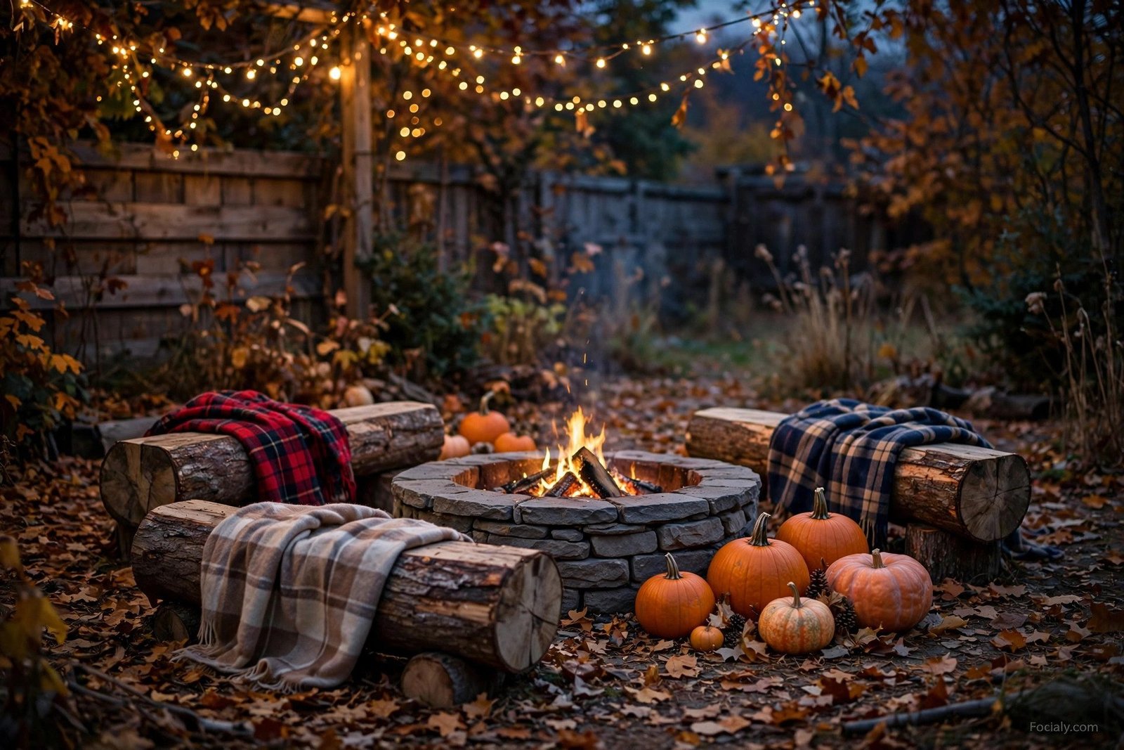 Backyard fire pit with log seats, blankets, and pumpkins on a fall evening