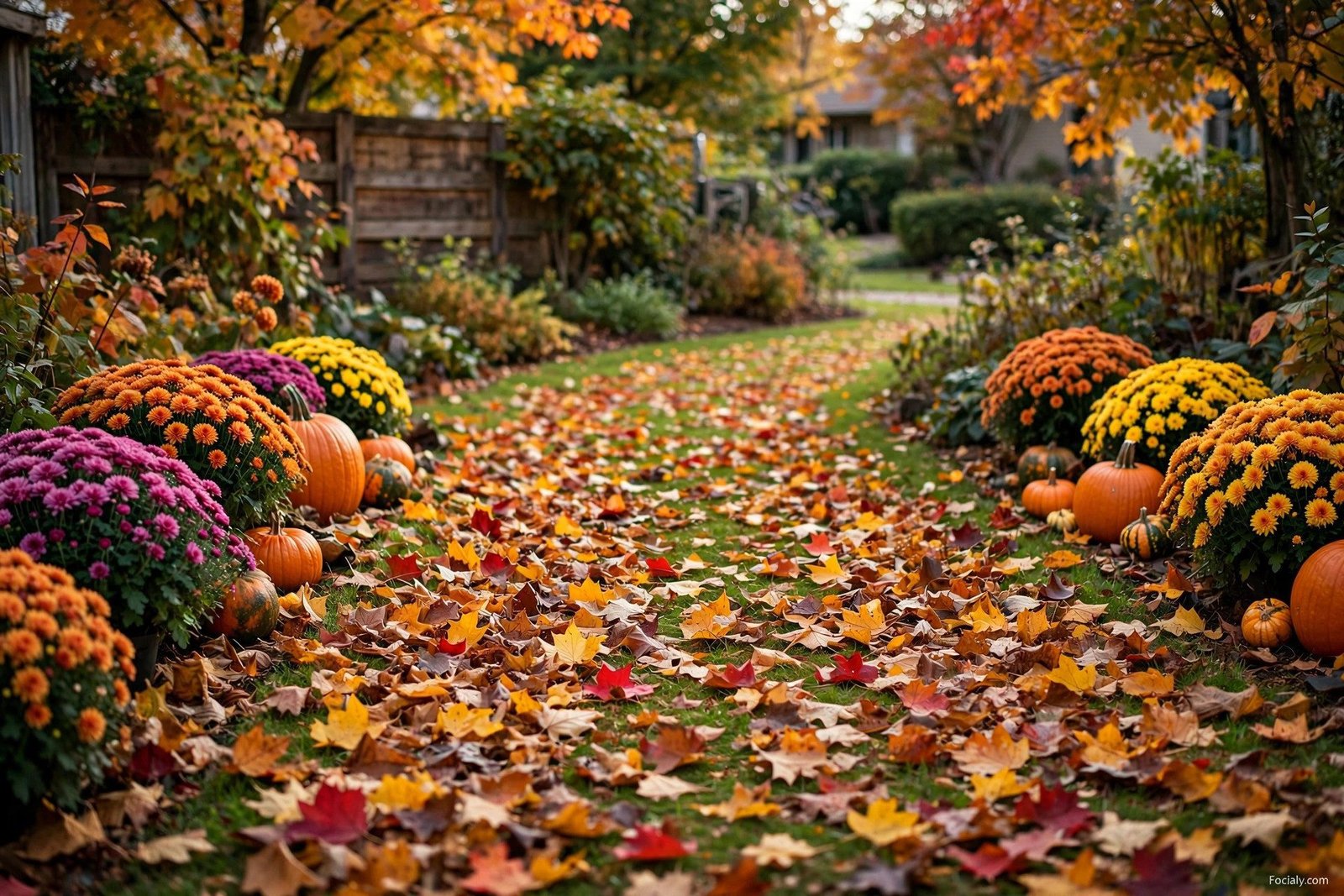 Lawn path covered in colorful fallen leaves with mums and pumpkins