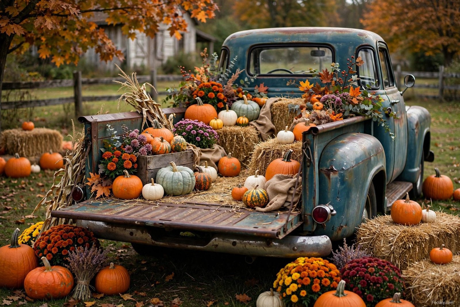 Vintage pickup truck bed filled with pumpkins and hay bales in a yard