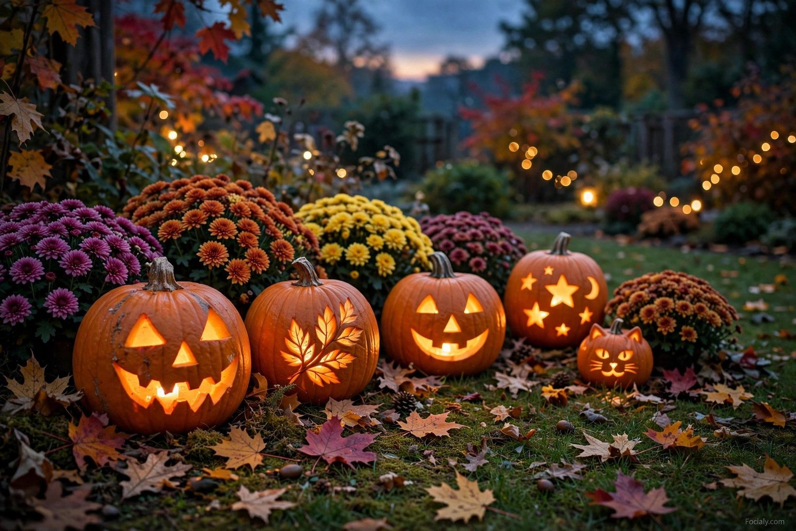 Carved pumpkin lanterns glowing on a lawn at twilight