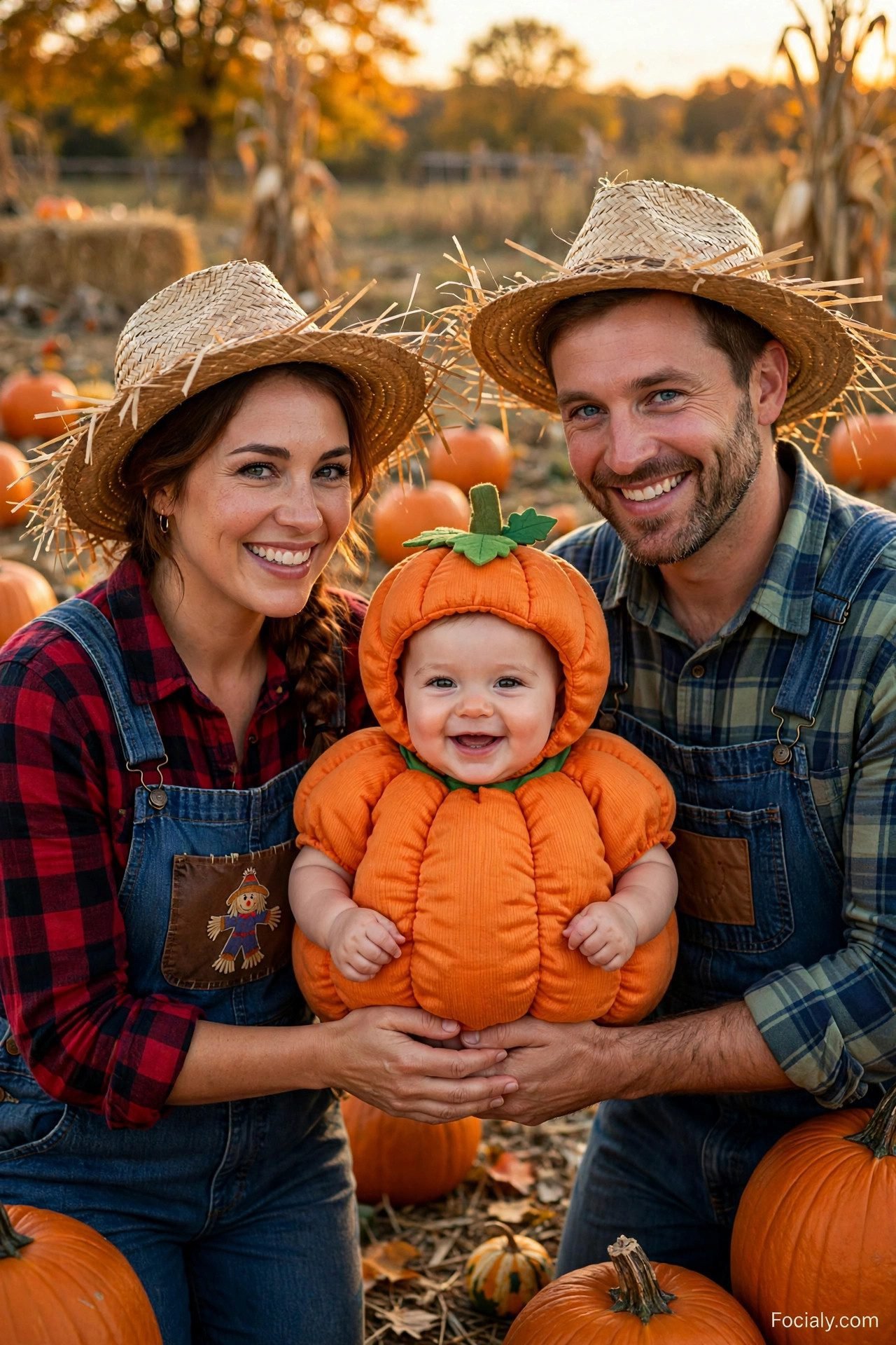 Parents dressed as scarecrows holding a baby in a pumpkin costume - parents and baby Halloween costume idea