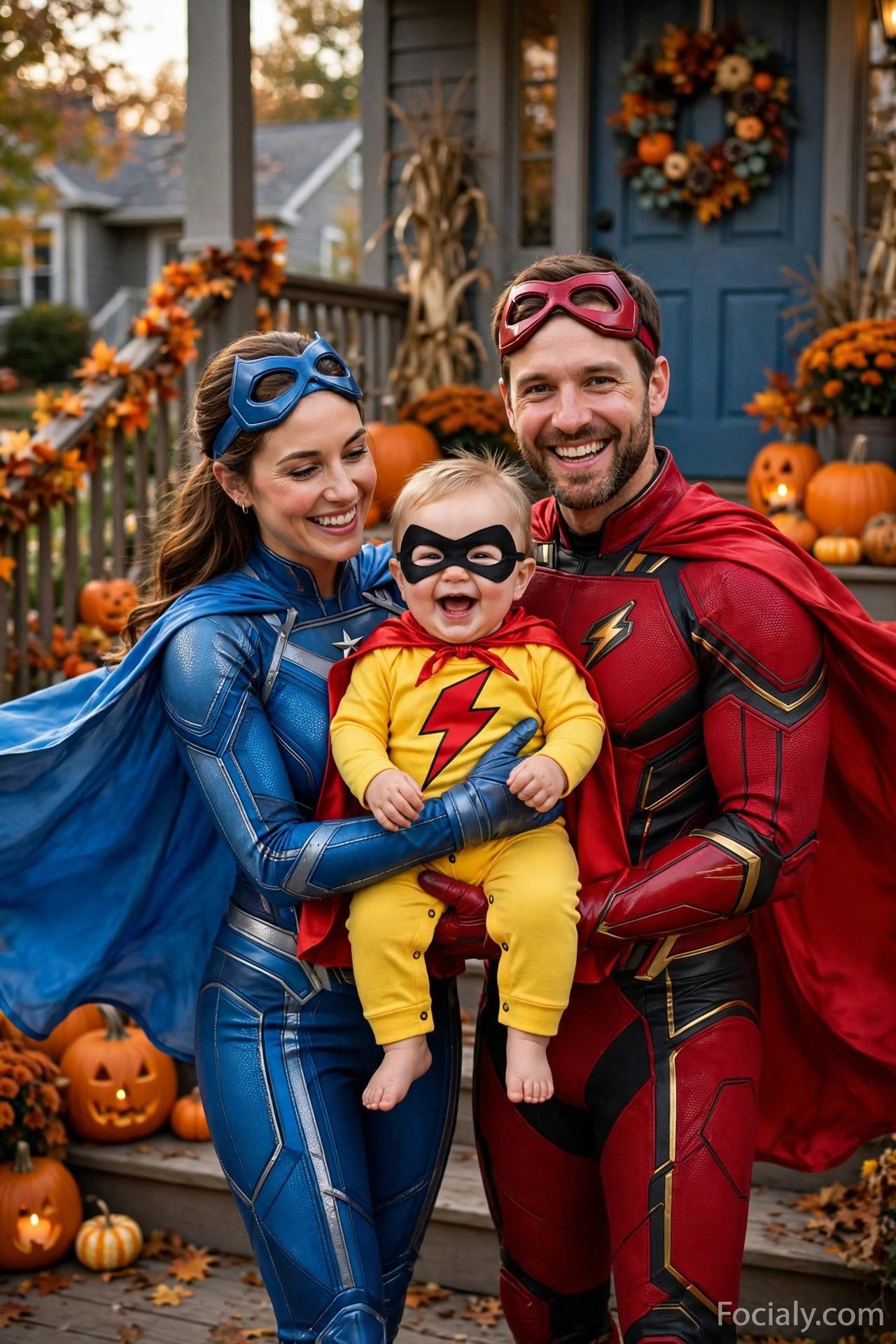 Mom and dad as superheroes with baby in a tiny cape and mask - parents and baby Halloween costume idea