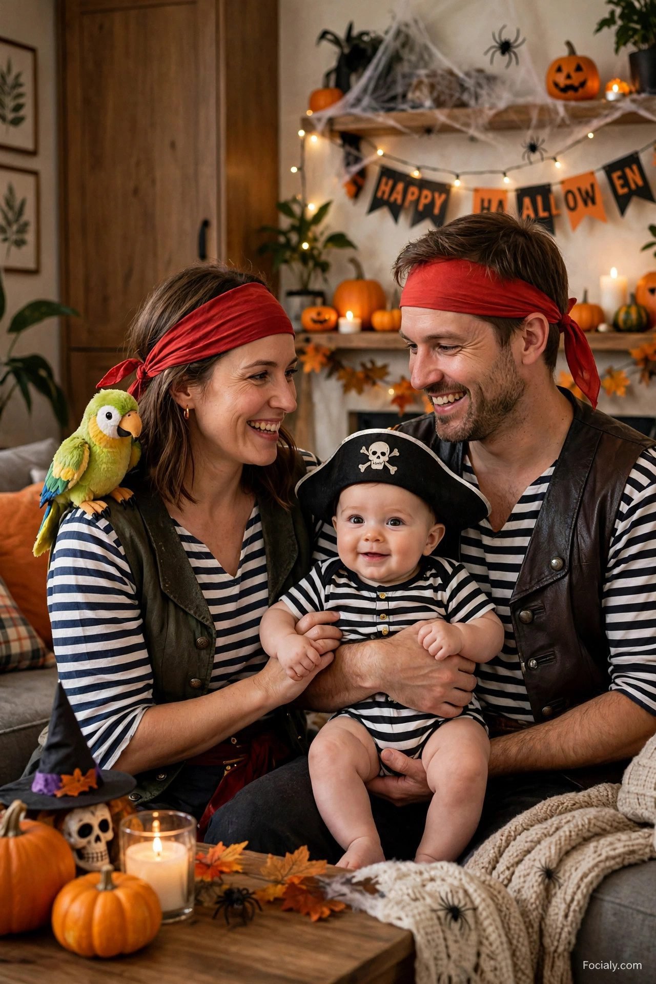 Pirate parents with baby pirate wearing a tiny hat - parents and baby Halloween costume idea