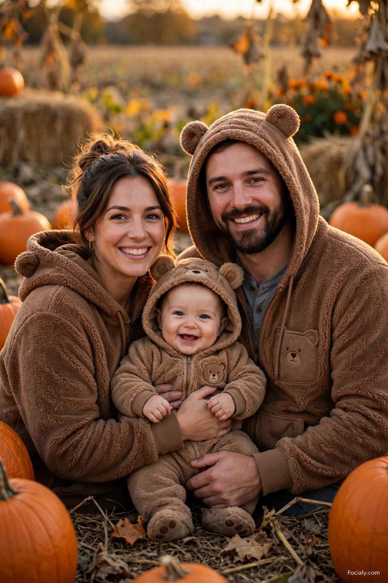 Mama bear and papa bear parents with baby bear cub - parents and baby Halloween costume idea
