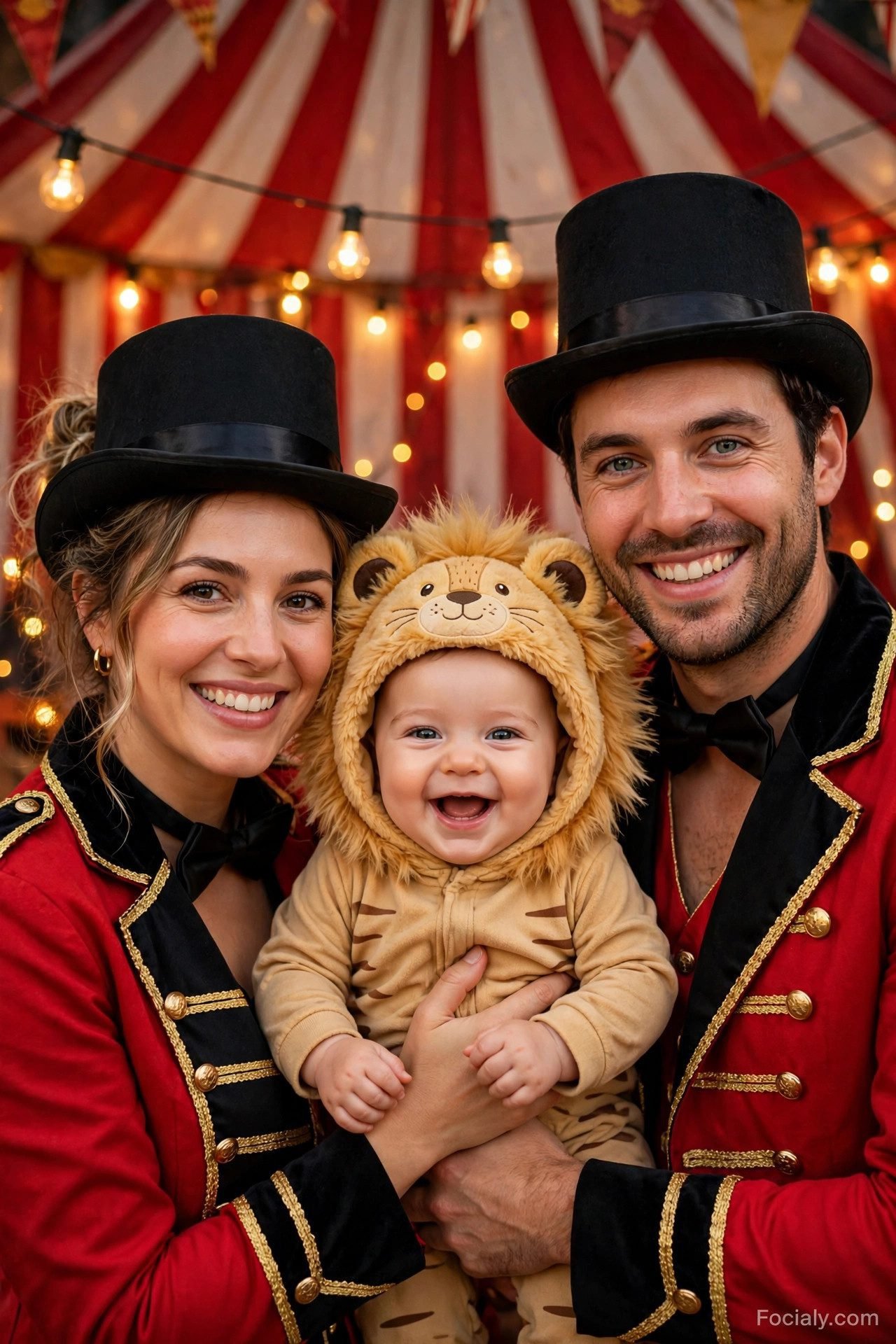 Ringmaster parents with baby dressed as a lion - parents and baby Halloween costume idea