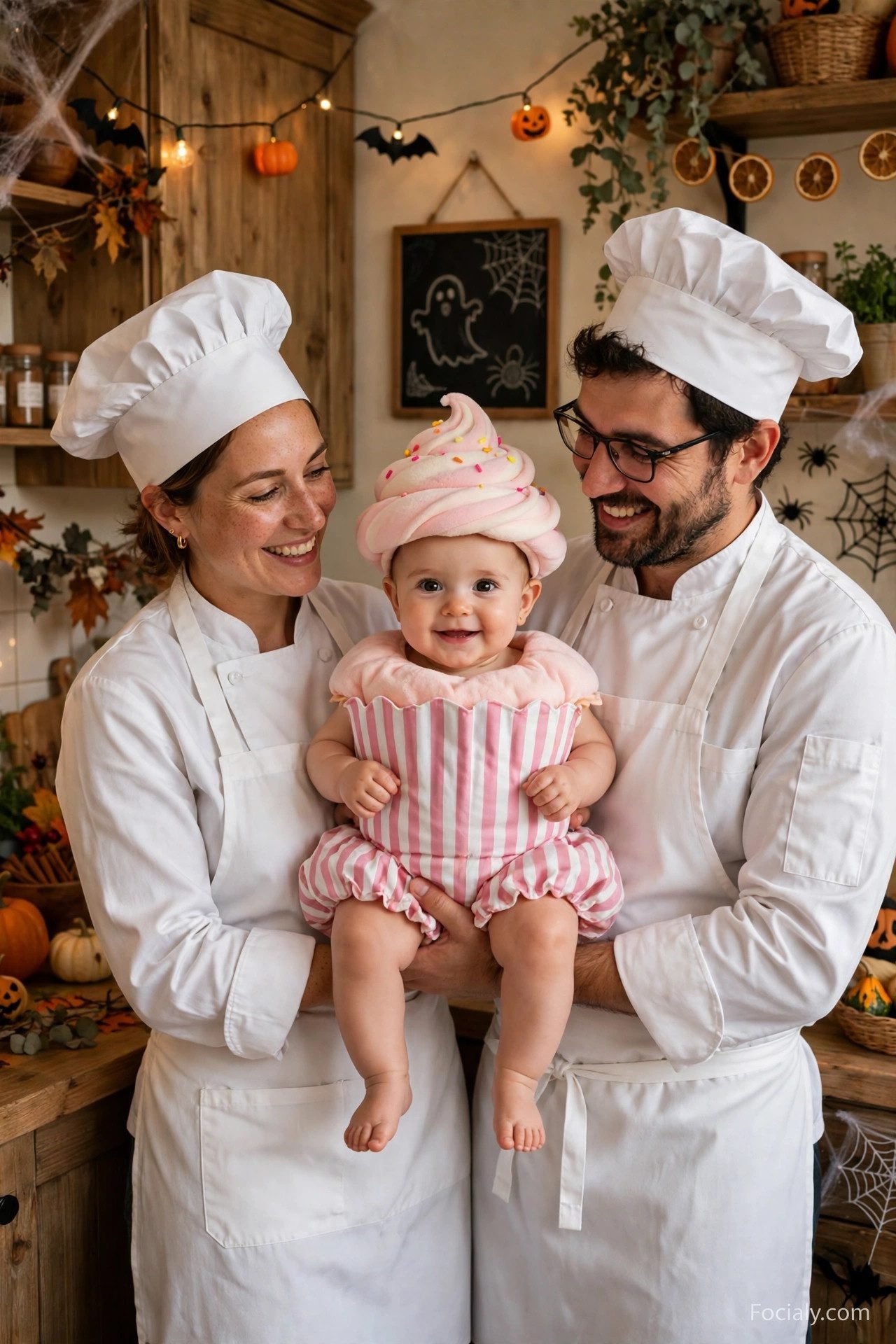 Chef parents with baby dressed as a cupcake - parents and baby Halloween costume idea