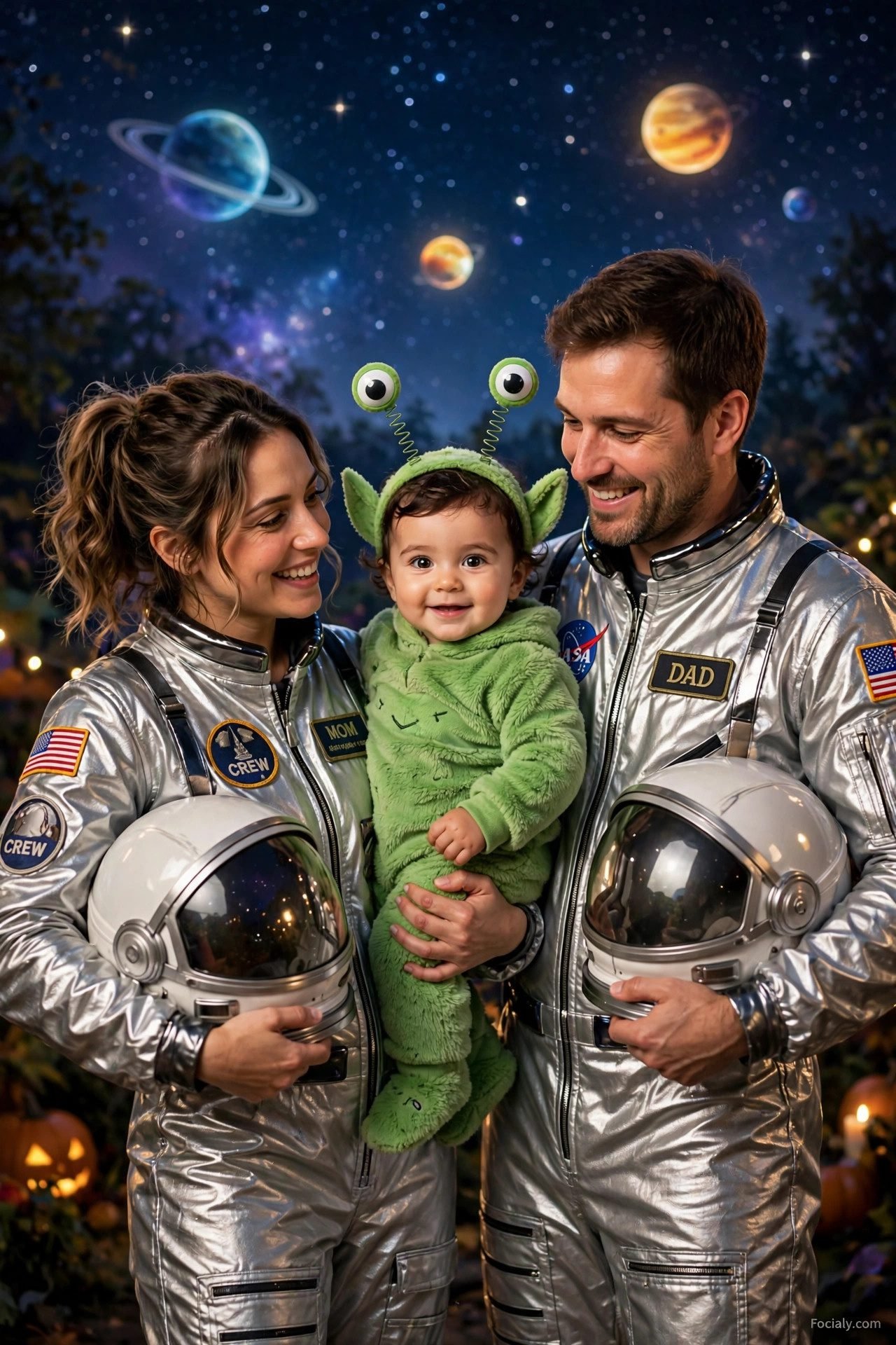Astronaut parents with baby dressed as a cute alien - parents and baby Halloween costume idea