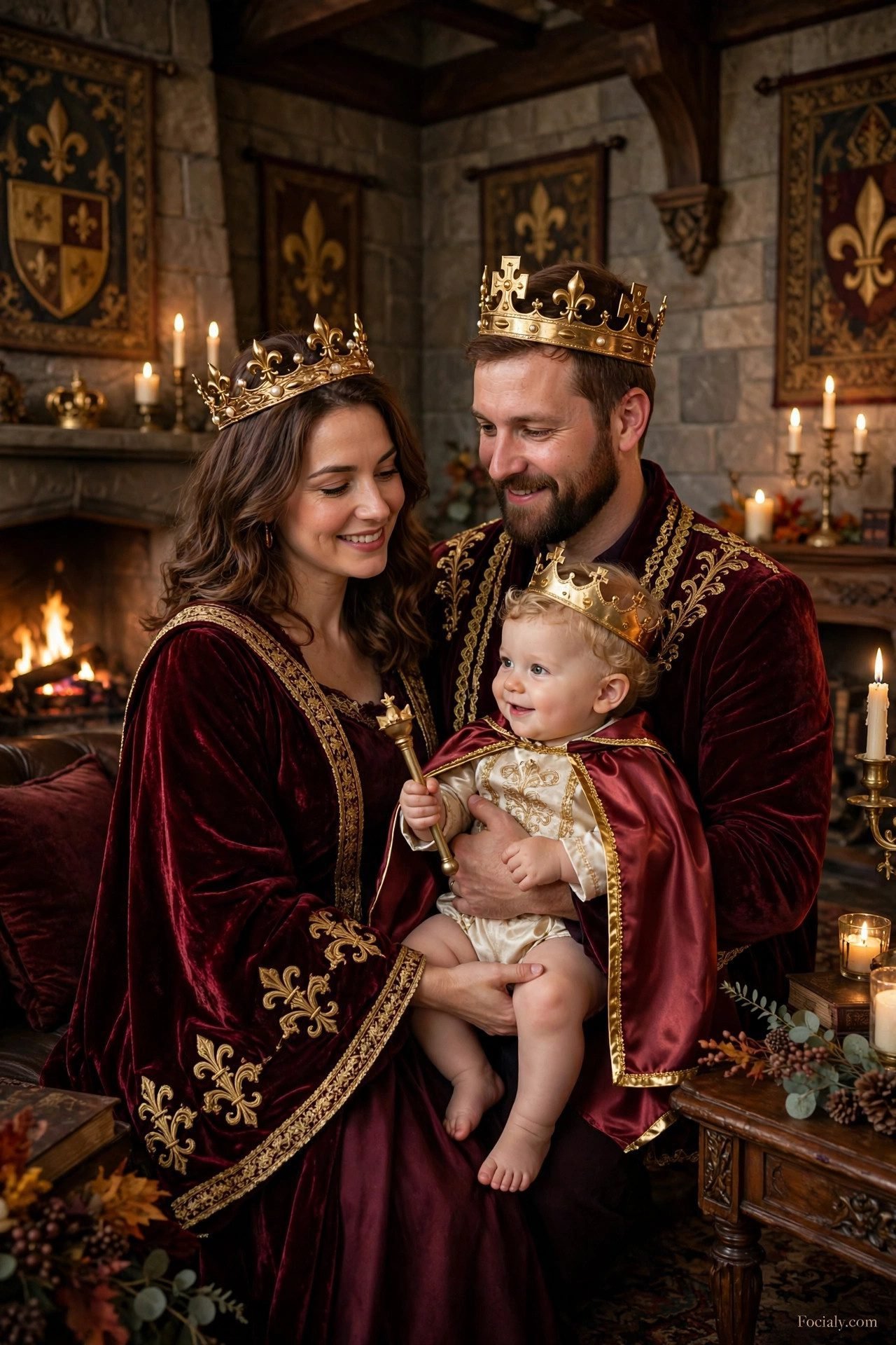 King and queen parents with baby prince wearing a crown - parents and baby Halloween costume idea