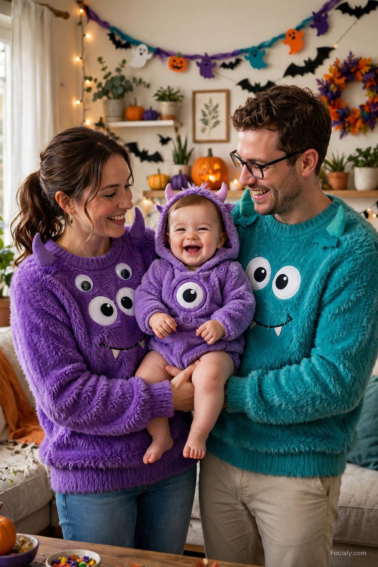 Parents as friendly monsters with baby monster - parents and baby Halloween costume idea