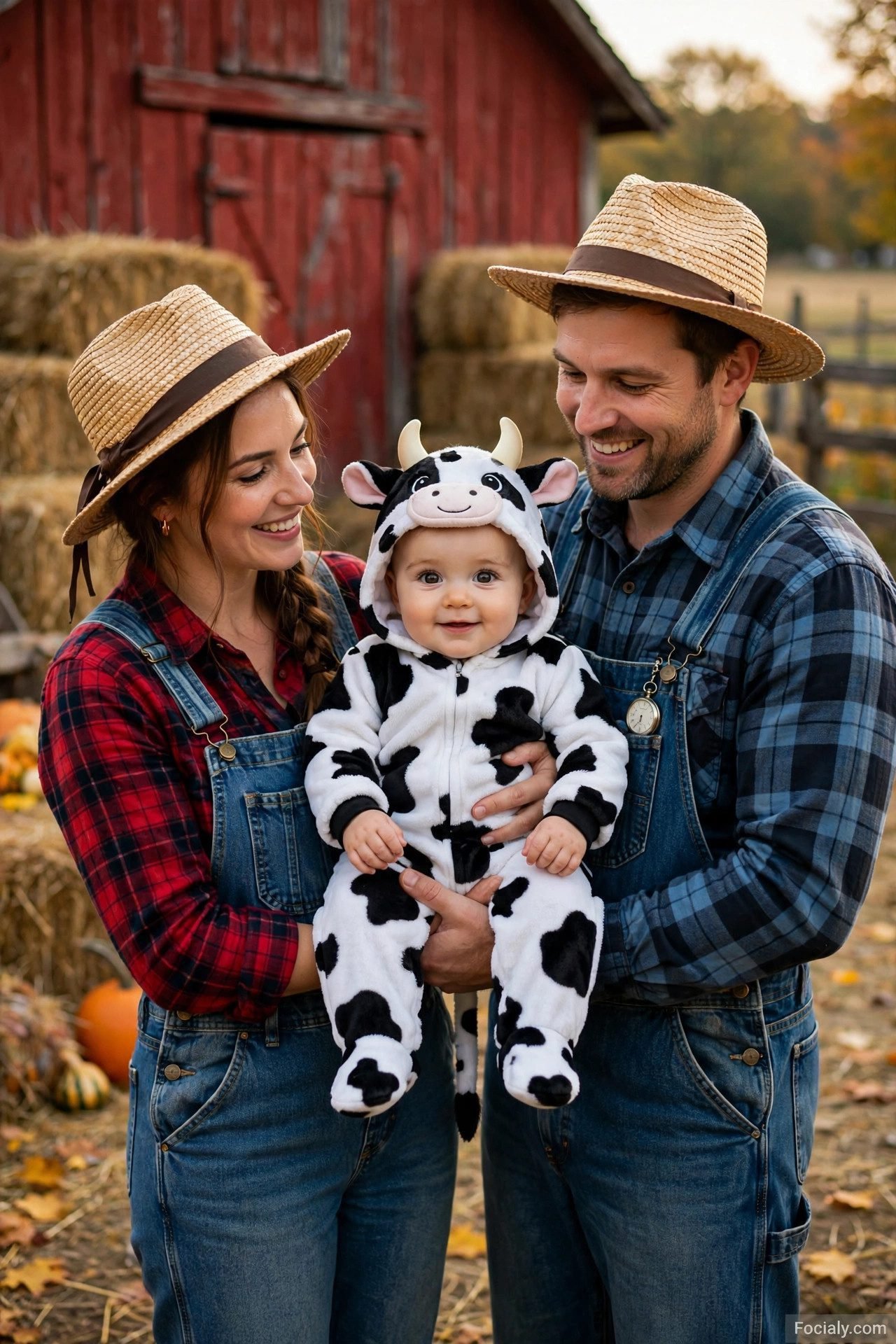 Farmer parents with baby dressed as a cow - parents and baby Halloween costume idea