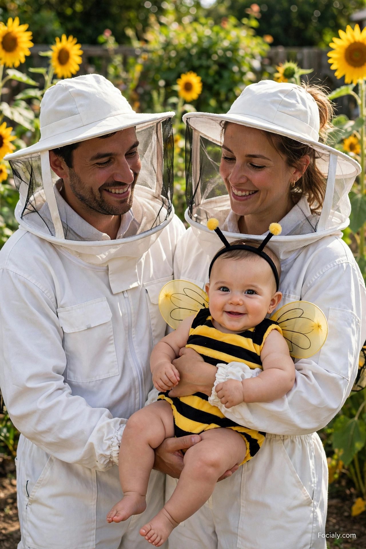 Beekeeper parents with baby dressed as a bumblebee - parents and baby Halloween costume idea