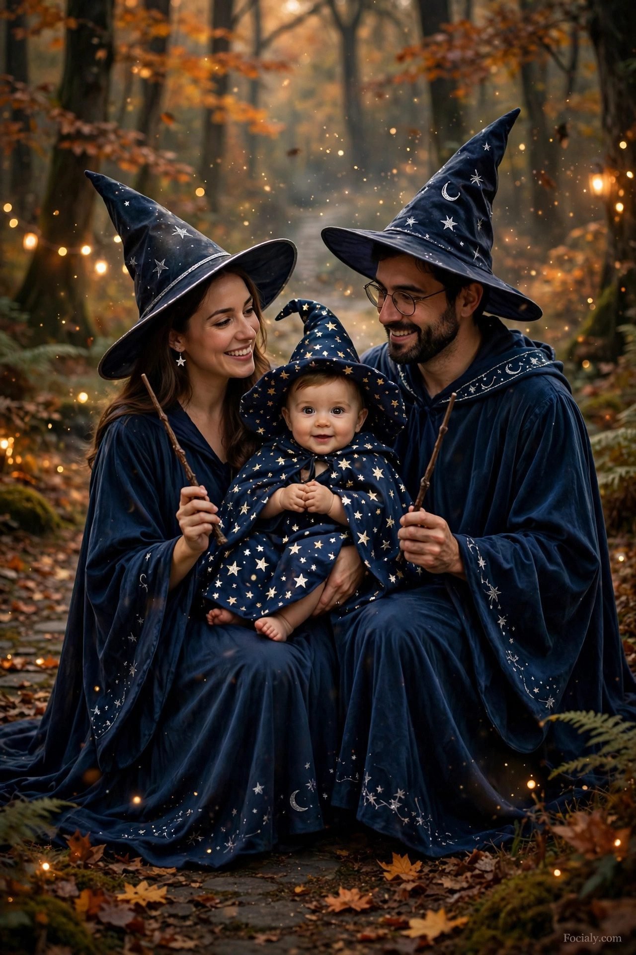 Wizard parents with baby wizard in a tiny pointed hat - parents and baby Halloween costume idea